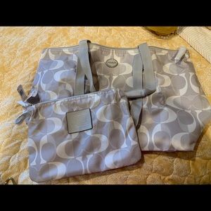NEW Silver Coach soft Tote and Cosmetic Bag Combo